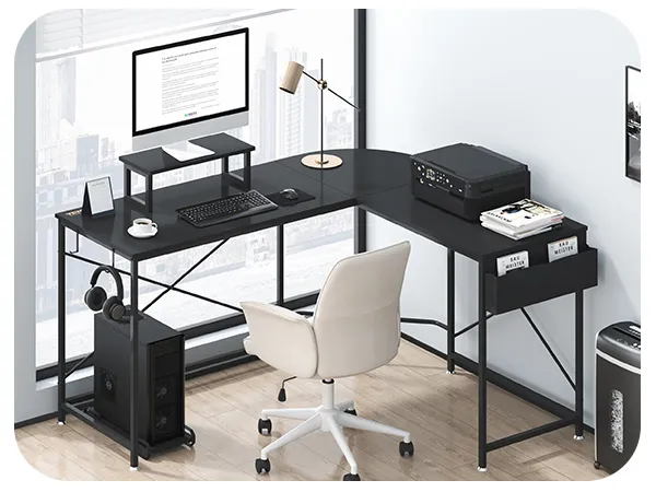 VEVOR l shaped computer desk with monitor, keyboard, printer, in modern office overlooking cityscape.