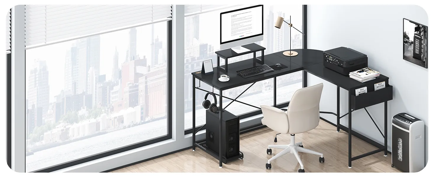 VEVOR l shaped computer desk with monitor, keyboard, printer, in modern office overlooking cityscape.