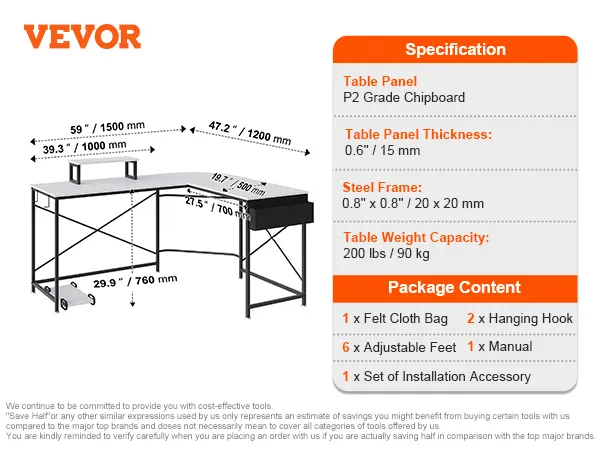 VEVOR l shaped computer desk dimensions, specifications, and package content details.