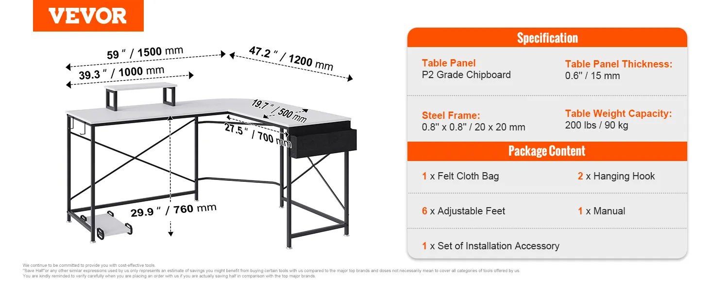 VEVOR l shaped computer desk dimensions, specifications, and package content details.
