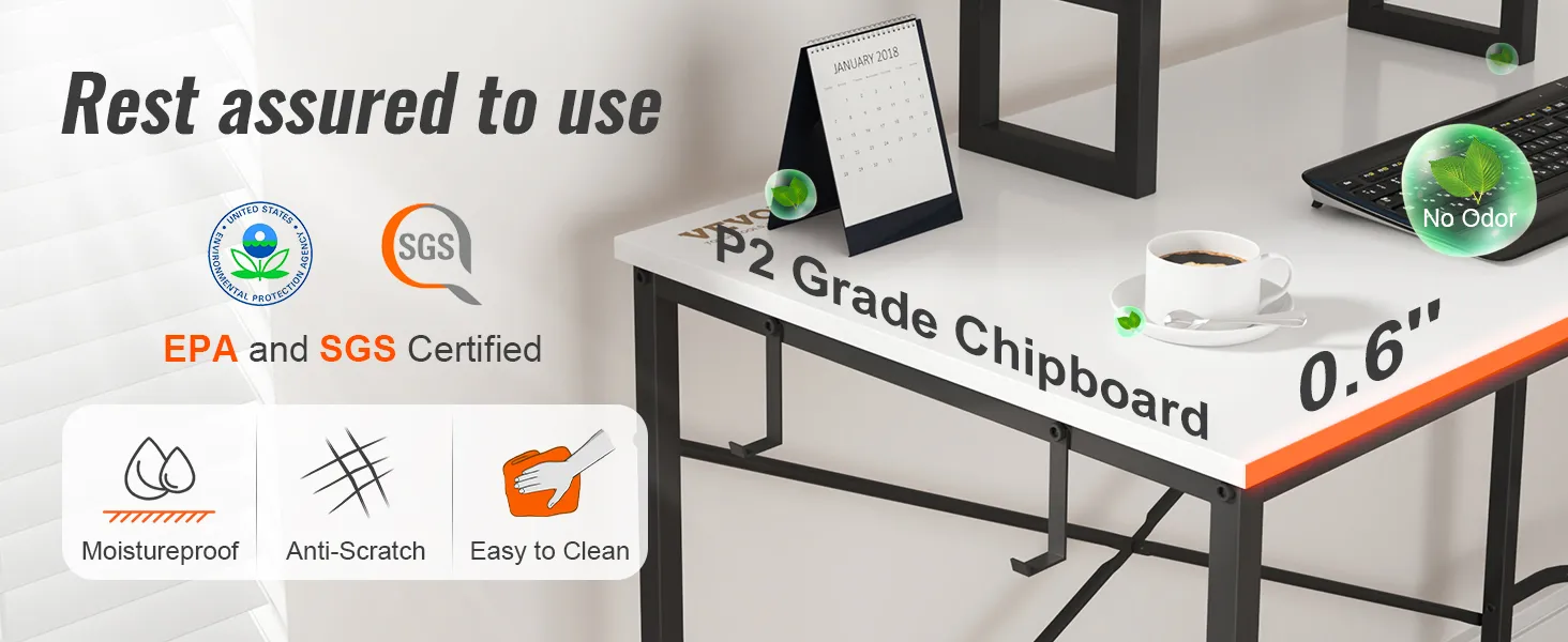 VEVOR l shaped computer desk, epa and sgs certified, moistureproof, anti-scratch, easy to clean.