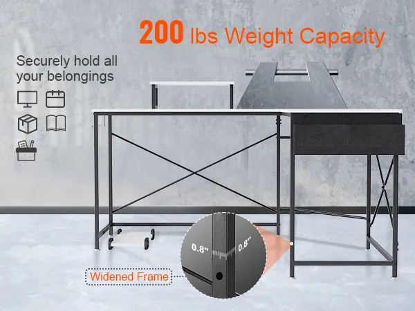 VEVOR l shaped computer desk with widened frame and 200 lbs weight capacity, ideal for secure storage.