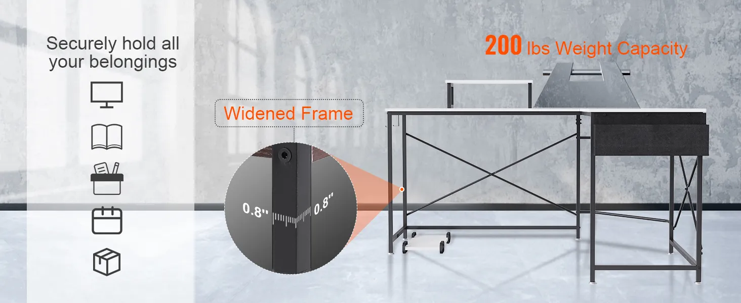 VEVOR l shaped computer desk with widened frame and 200 lbs weight capacity, ideal for secure storage.