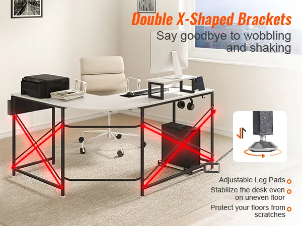 VEVOR l shaped computer desk with double x-shaped brackets, adjustable leg pads in modern office setup.