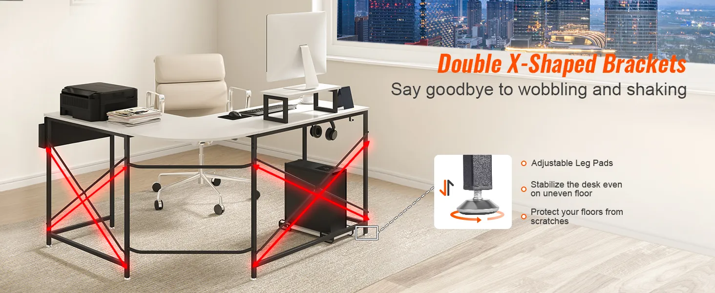 VEVOR l shaped computer desk with double x-shaped brackets, adjustable leg pads in modern office setup.