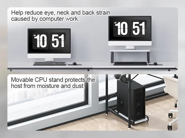 dual computer monitors and movable cpu stand on the VEVOR l shaped computer desk, reducing strain.