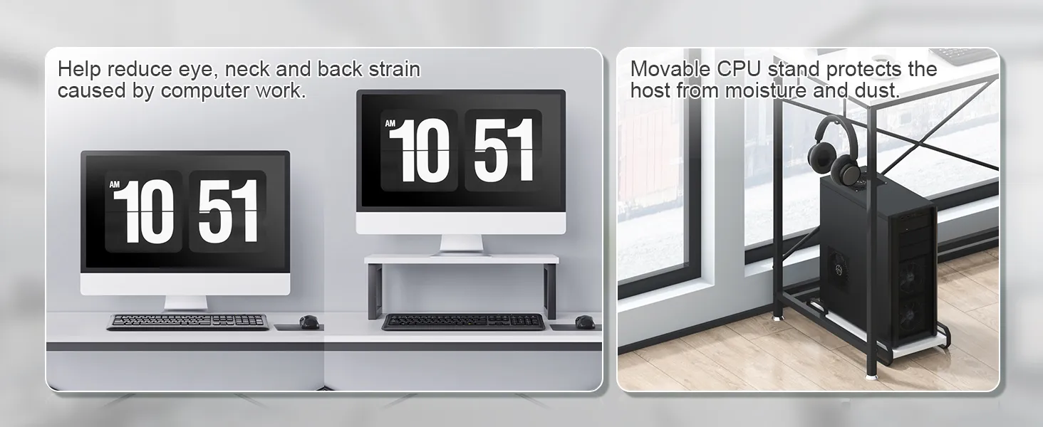 dual computer monitors and movable cpu stand on the VEVOR l shaped computer desk, reducing strain.