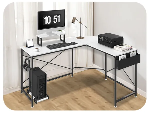 white VEVOR l shaped computer desk with monitor, lamp, printer, books, and black accessories on a wooden floor.