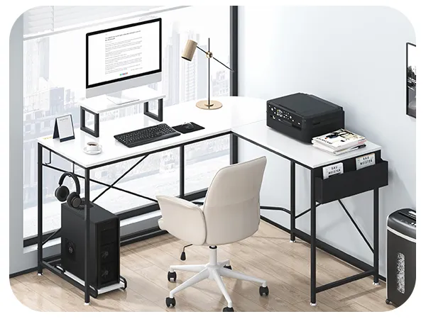 modern office with a VEVOR l shaped computer desk, white chair, and city skyline view.