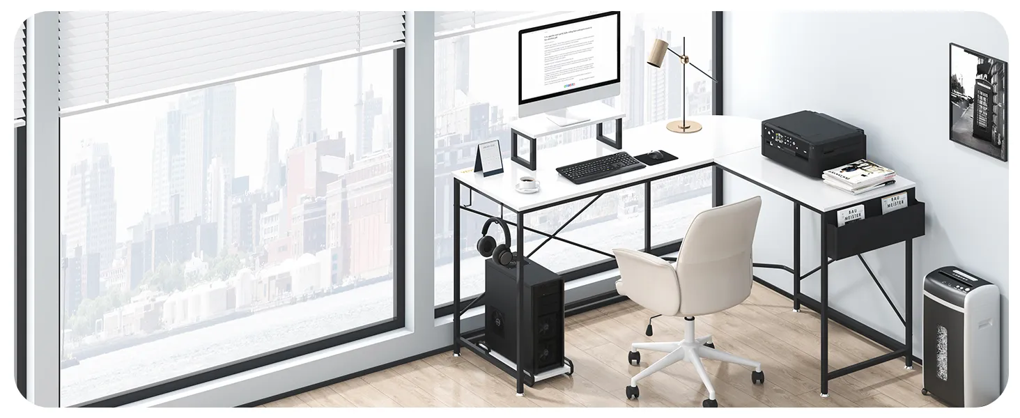 modern office with a VEVOR l shaped computer desk, white chair, and city skyline view.