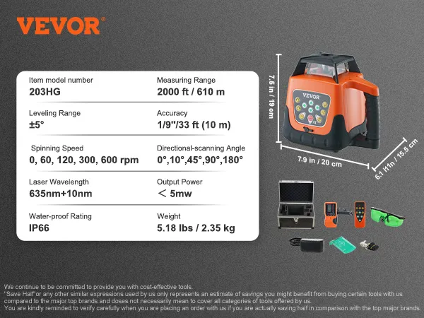 VEVOR laser level 203hg with 2000 ft range, ip66 rating, 635nm wavelength, ±5° leveling.