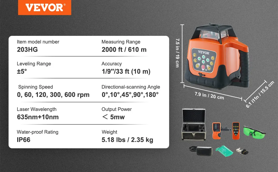 VEVOR laser level 203hg with 2000 ft range, ip66 rating, 635nm wavelength, ±5° leveling.