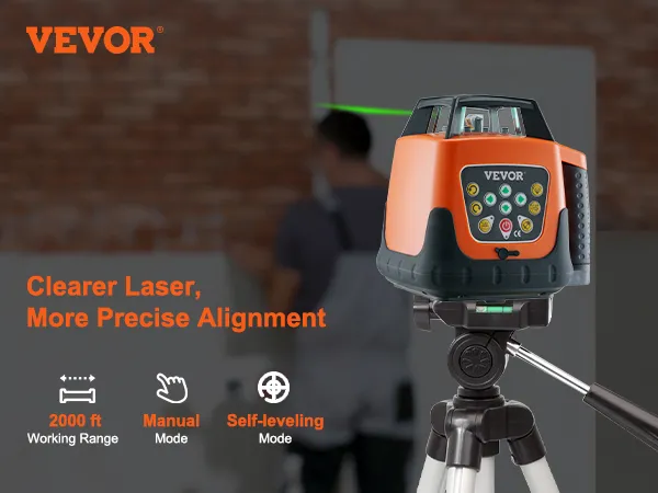 VEVOR laser level with 2000 ft range, manual and self-leveling modes for precise alignment.