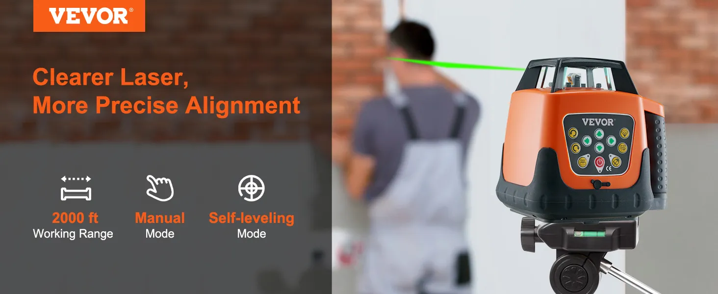 VEVOR laser level with 2000 ft range, manual and self-leveling modes for precise alignment.