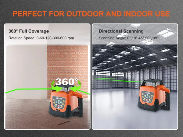 VEVOR laser level with 360° rotation and adjustable scanning angles for indoor and outdoor use.