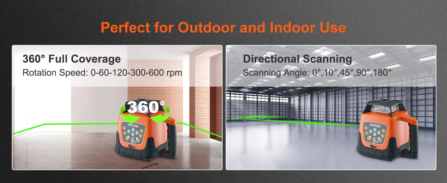 VEVOR laser level with 360° rotation and adjustable scanning angles for indoor and outdoor use.