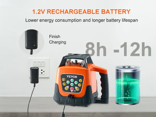 VEVOR laser level with 1.2v rechargeable battery, 8-12h runtime, energy-efficient design.