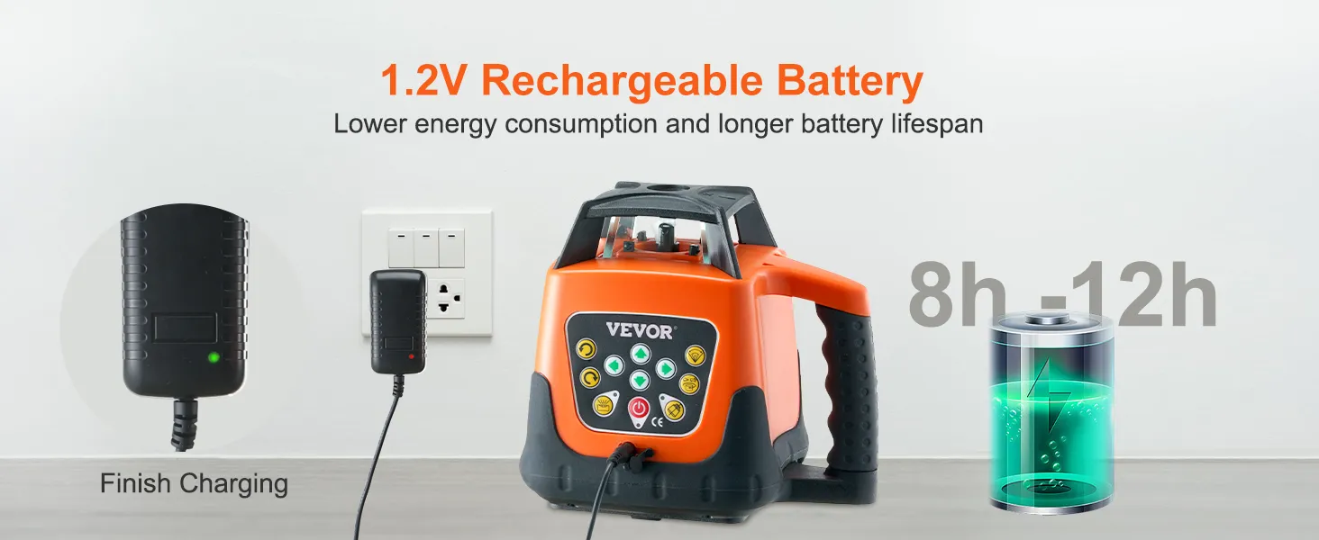 VEVOR laser level with 1.2v rechargeable battery, 8-12h runtime, energy-efficient design.