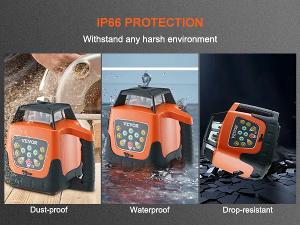 VEVOR laser level with ip66 protection, shown as dust-proof, waterproof, and drop-resistant.