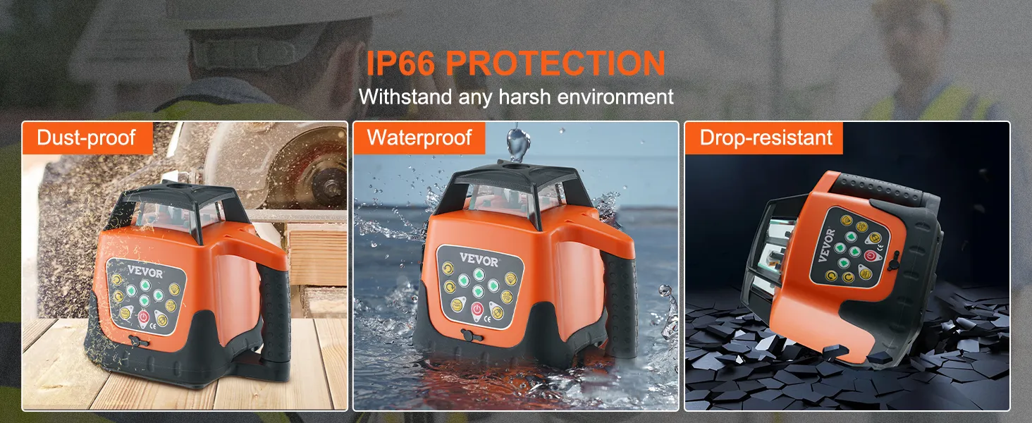 VEVOR laser level with ip66 protection, shown as dust-proof, waterproof, and drop-resistant.