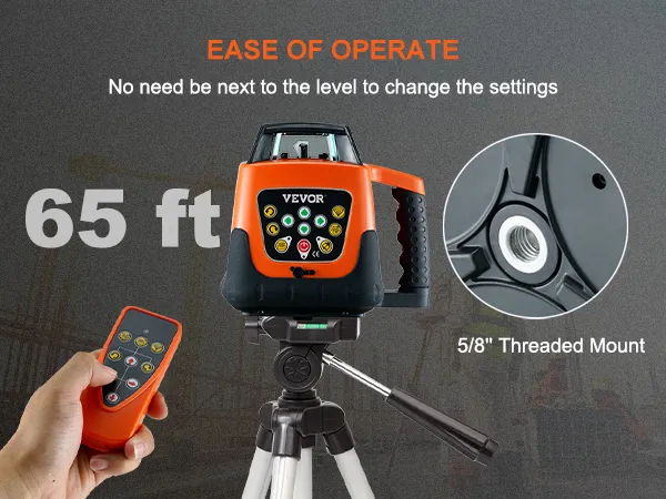 VEVOR laser level with remote control, 65 ft range, and 5/8" threaded mount for construction settings.