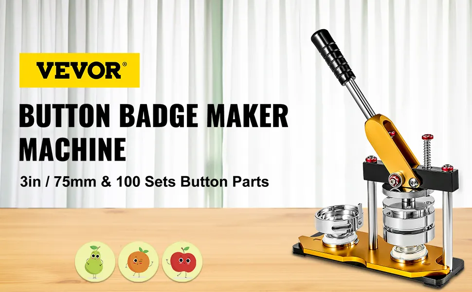 VEVOR button maker 75mm with handle on a table, including badge samples.