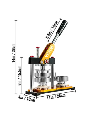 VEVOR button maker 75mm with measurements: 14in/36cm height, 11in/28cm width.