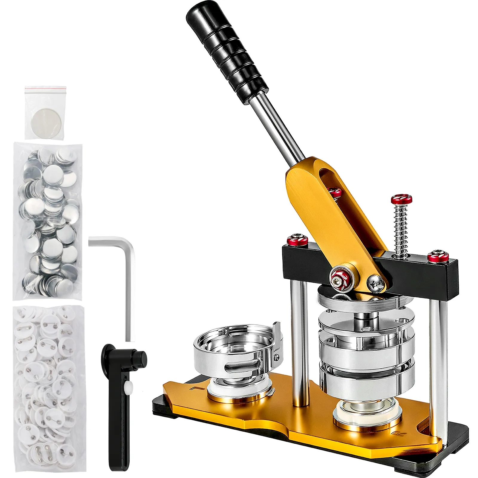 VEVOR button maker 75mm with accessories including button parts and assembly tool.