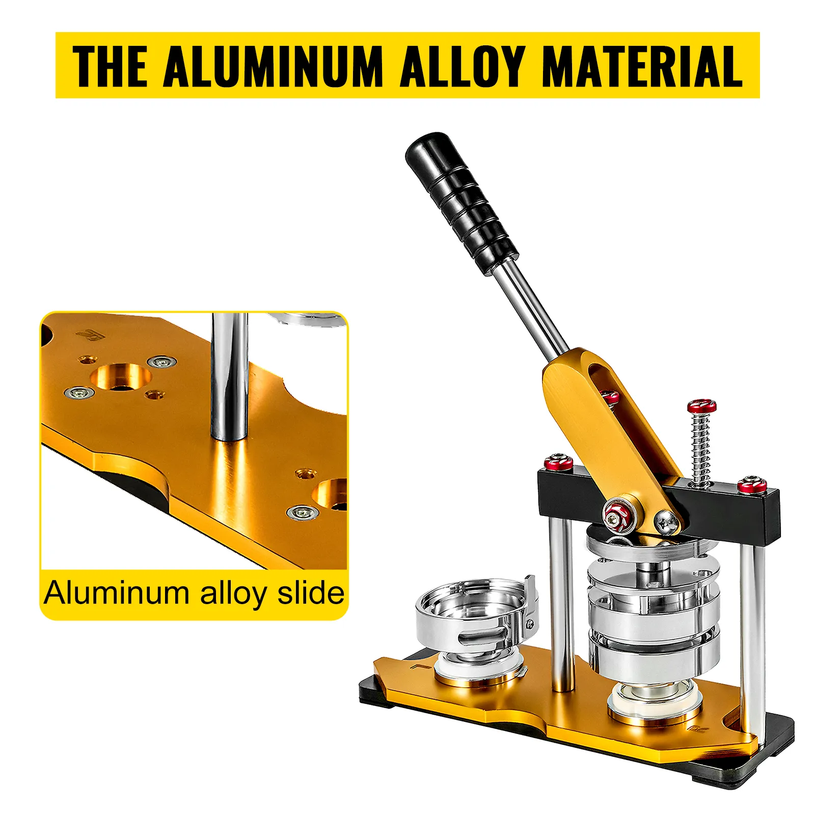 VEVOR button maker 75mm with aluminum alloy base and handle for robust badge making.