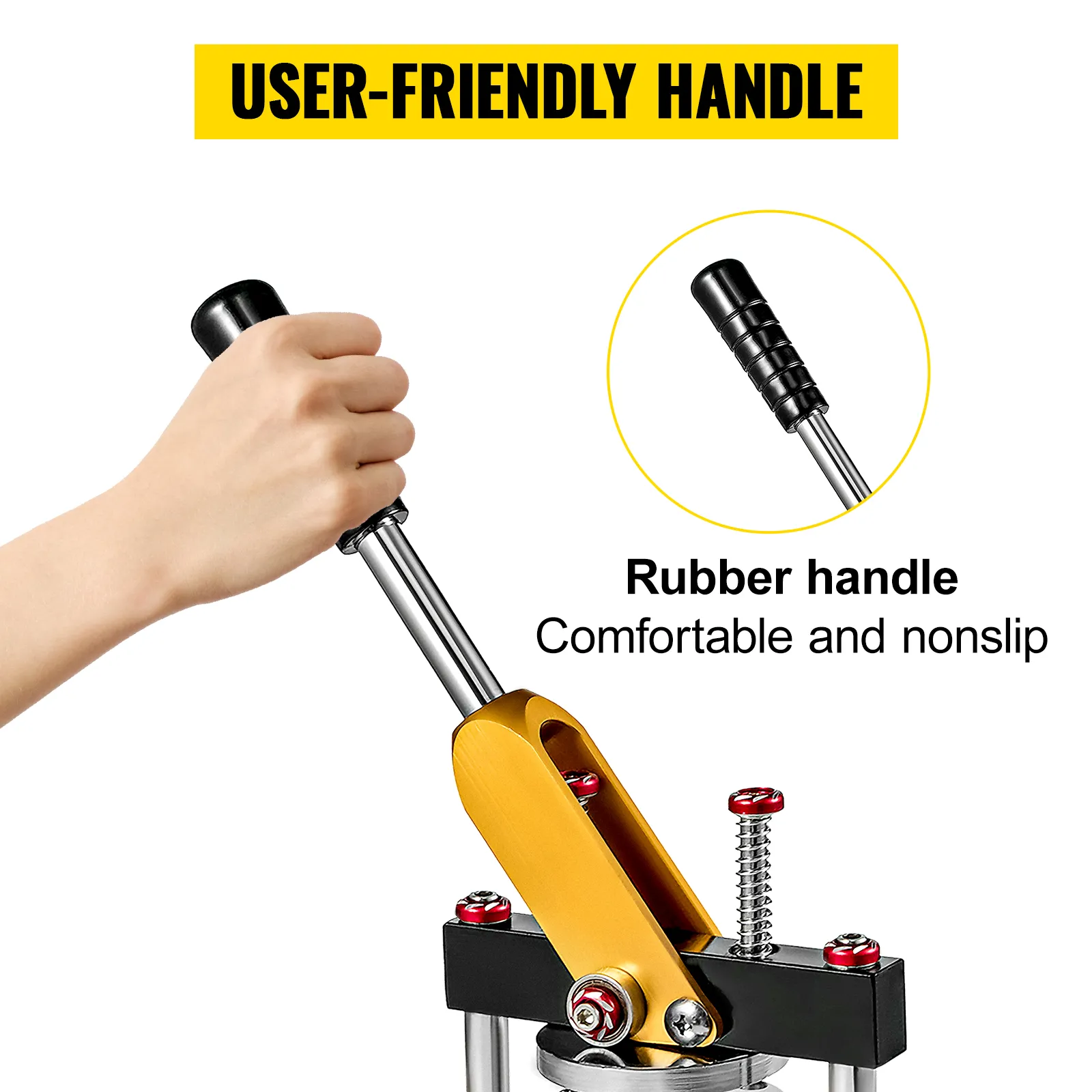 VEVOR button maker 75mm with user-friendly, comfortable rubber handle with nonslip grip.