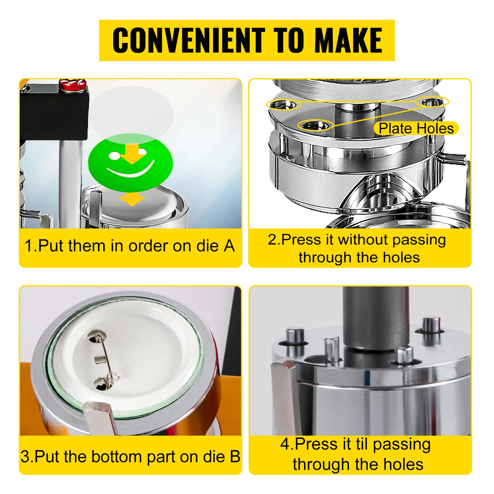 VEVOR button maker 75mm assembly steps with labeled images and instructions.