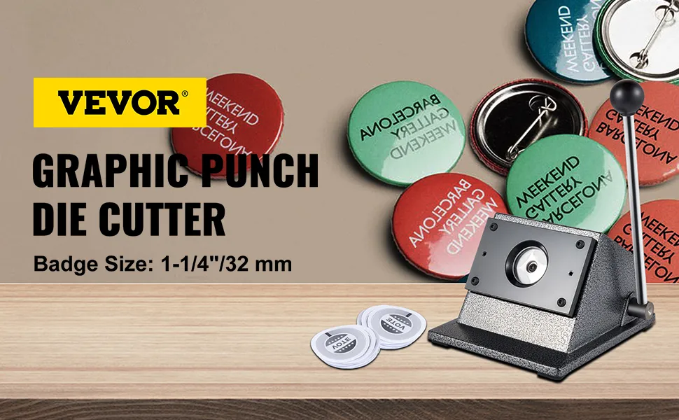 VEVOR graphic punch die cutter for 1-1/4" badges on wooden surface with sample badges.