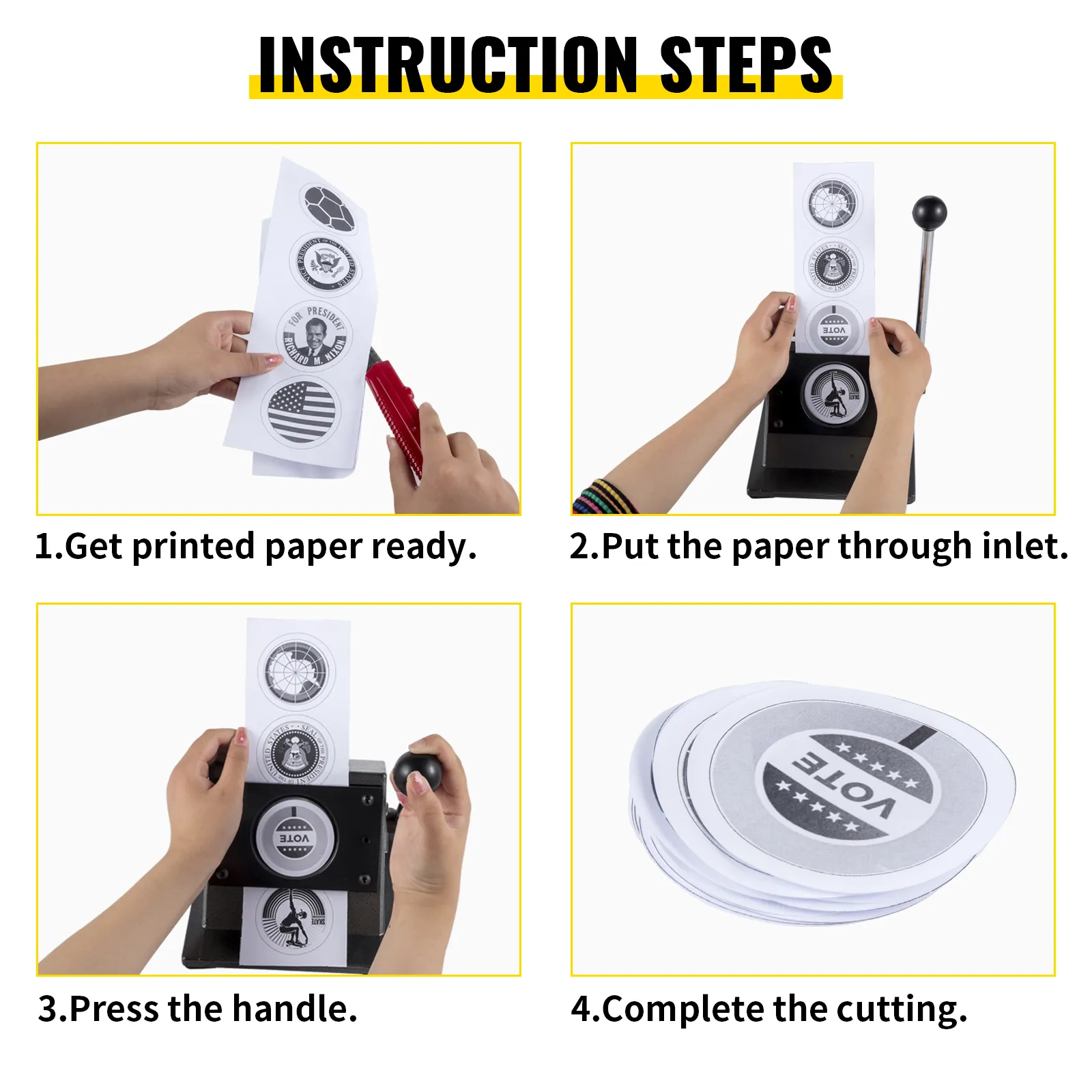 instructions for using VEVOR graphic punch die cutter to create round labels.