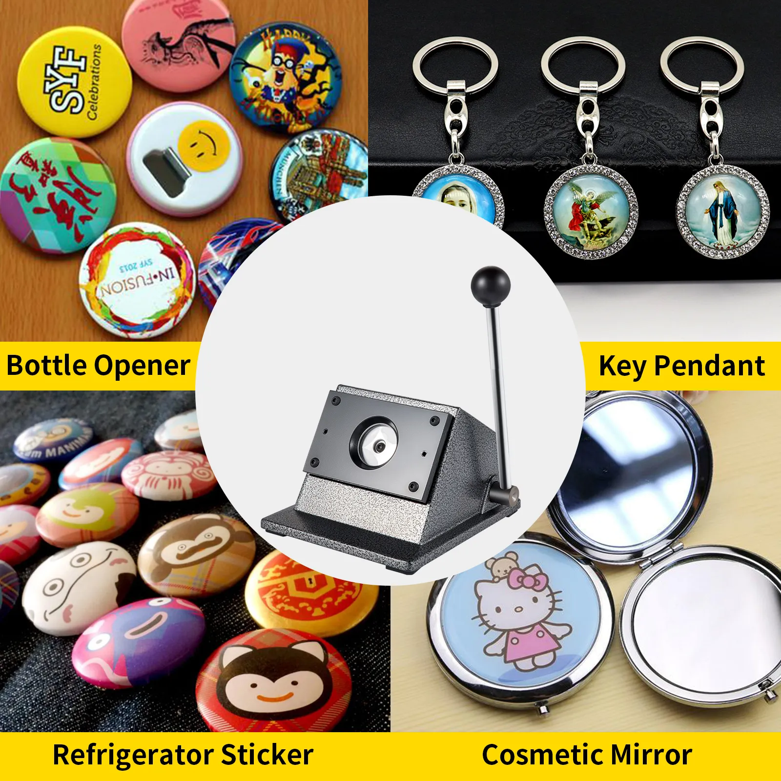 VEVOR graphic punch die cutter with bottle openers, key pendants, stickers, and mirrors.