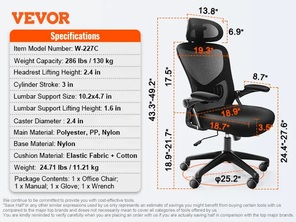 VEVOR ergonomic office chair dimensions and specifications including height, width, weight, and materials.