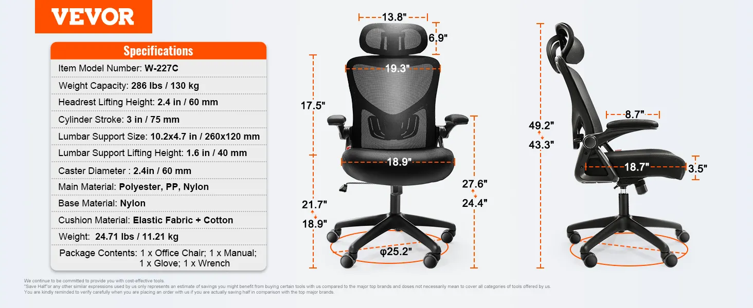 VEVOR ergonomic office chair dimensions and specifications including height, width, weight, and materials.