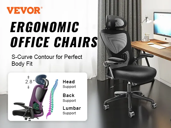 VEVOR ergonomic office chair with adjustable head, back, and lumbar support beside a wooden desk.