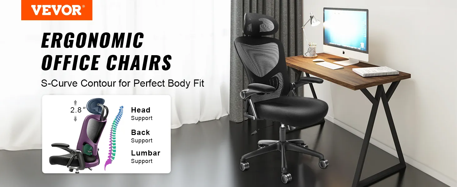 VEVOR ergonomic office chair with adjustable head, back, and lumbar support beside a wooden desk.