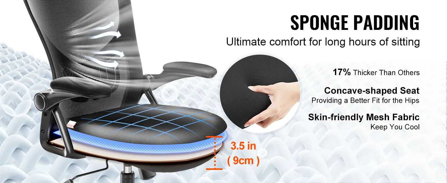 VEVOR ergonomic office chair with thick sponge padding, concave seat, and breathable mesh fabric.