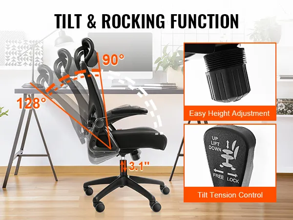 VEVOR ergonomic office chair with tilt and rocking function, easy height adjustment, and tilt tension control.