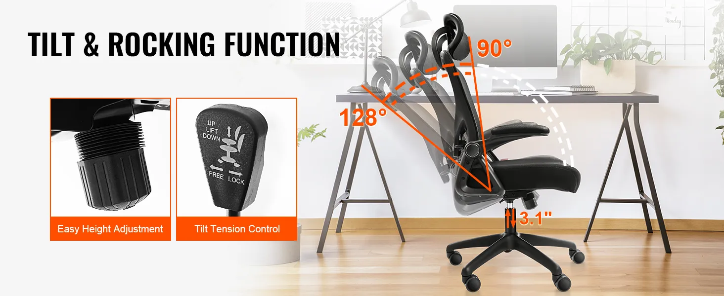 VEVOR ergonomic office chair with tilt and rocking function, easy height adjustment, and tilt tension control.