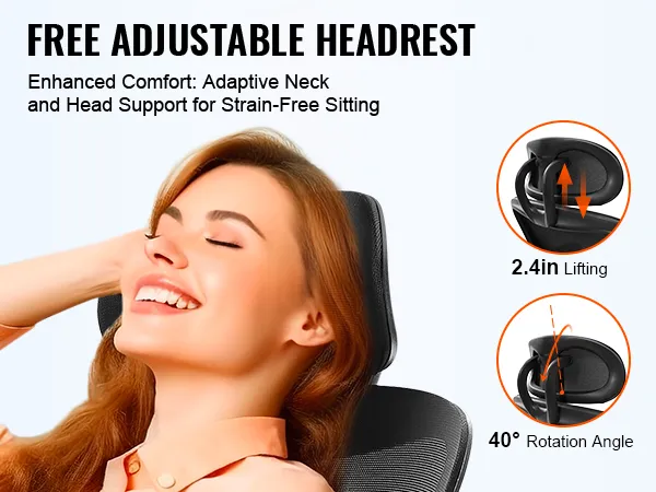 VEVOR ergonomic office chair with free adjustable headrest, 2.4in lifting, and 40° rotation angle.