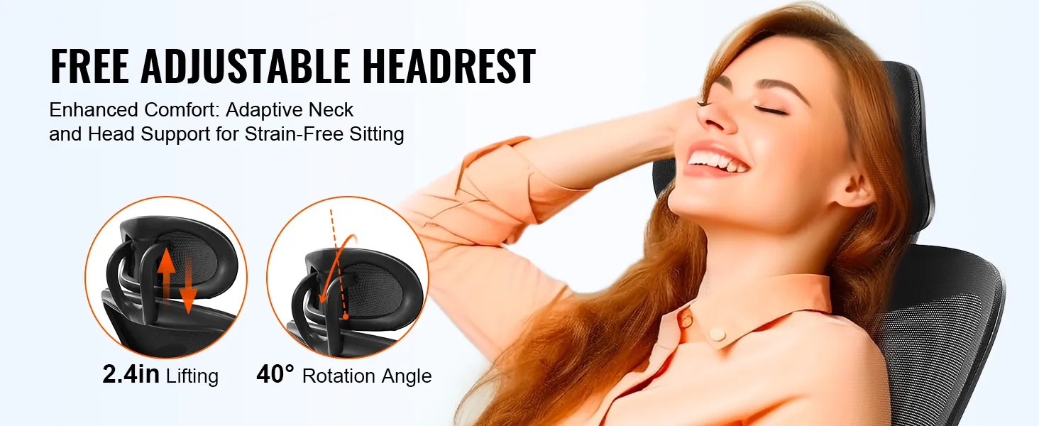VEVOR ergonomic office chair with free adjustable headrest, 2.4in lifting, and 40° rotation angle.