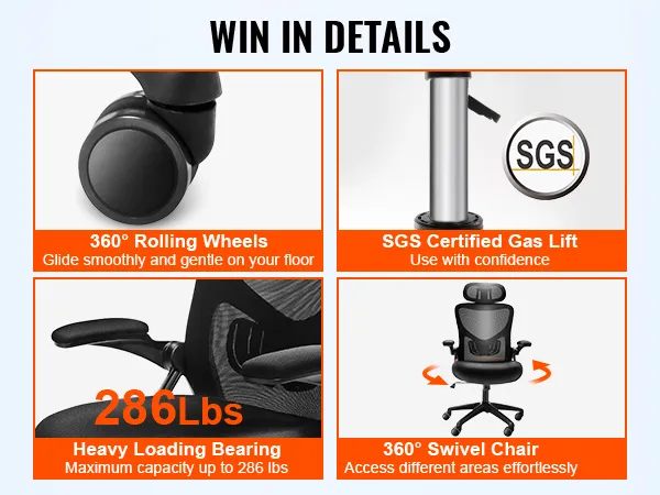 VEVOR ergonomic office chair features 360° rolling wheels, sgs certified gas lift, and 286 lbs capacity.