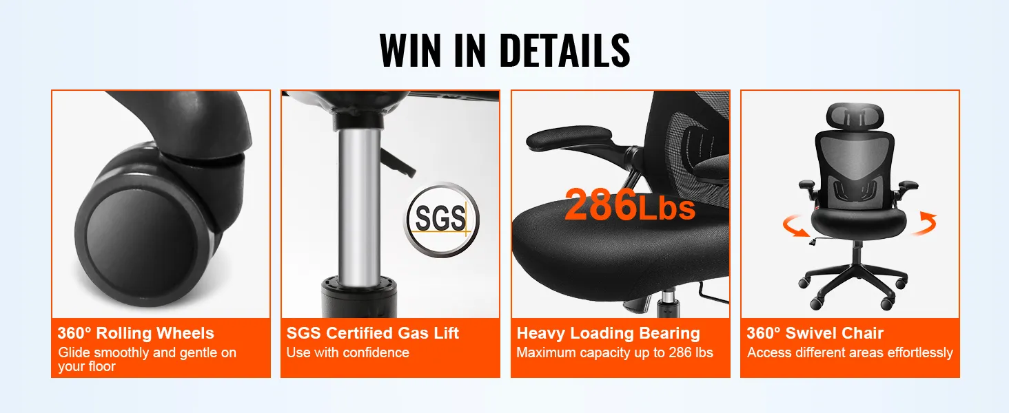VEVOR ergonomic office chair features 360° rolling wheels, sgs certified gas lift, and 286 lbs capacity.