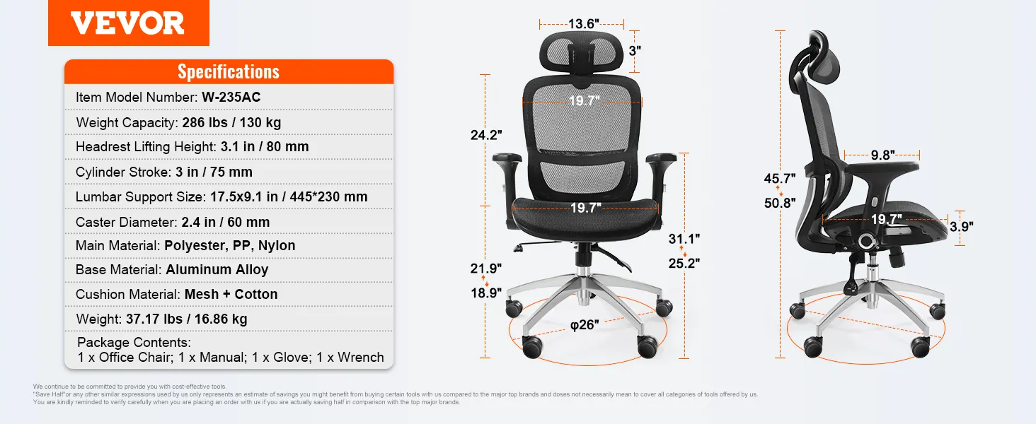 VEVOR ergonomic office chair features adjustable headrest, lumbar support, mesh seat, and robust aluminum base.