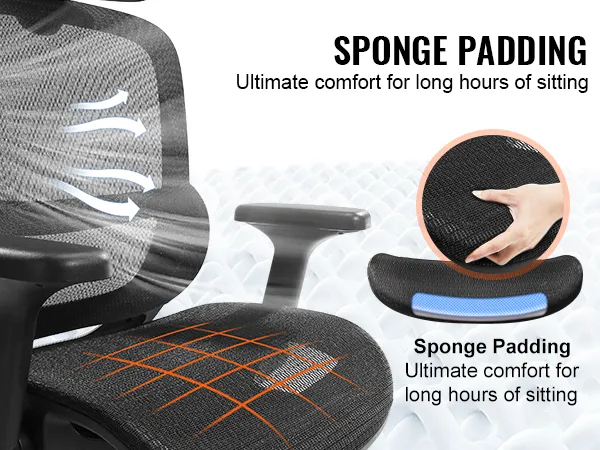 VEVOR ergonomic office chair with skin-friendly mesh fabric and sponge padding for long sitting comfort.