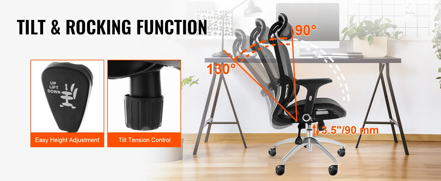 VEVOR ergonomic office chair with tilt and rocking function, easy height adjustment, and tension control.
