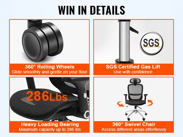 VEVOR ergonomic office chair features 360° rolling wheels, sgs certified gas lift, and 286 lbs capacity.