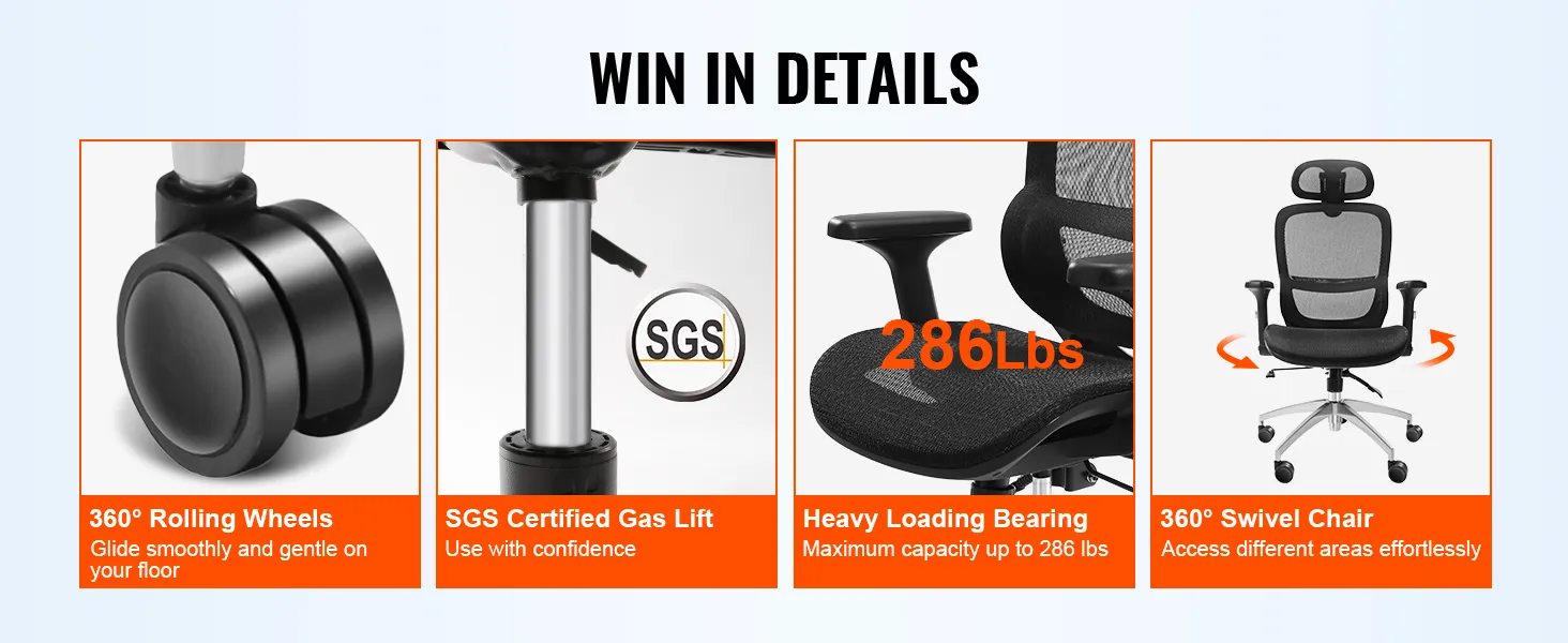 VEVOR ergonomic office chair features 360° rolling wheels, sgs certified gas lift, and 286 lbs capacity.